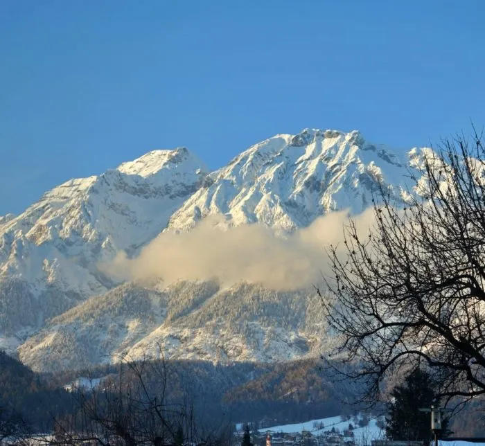Verschneite Bergkette über Volders, davor ein kahler Baum